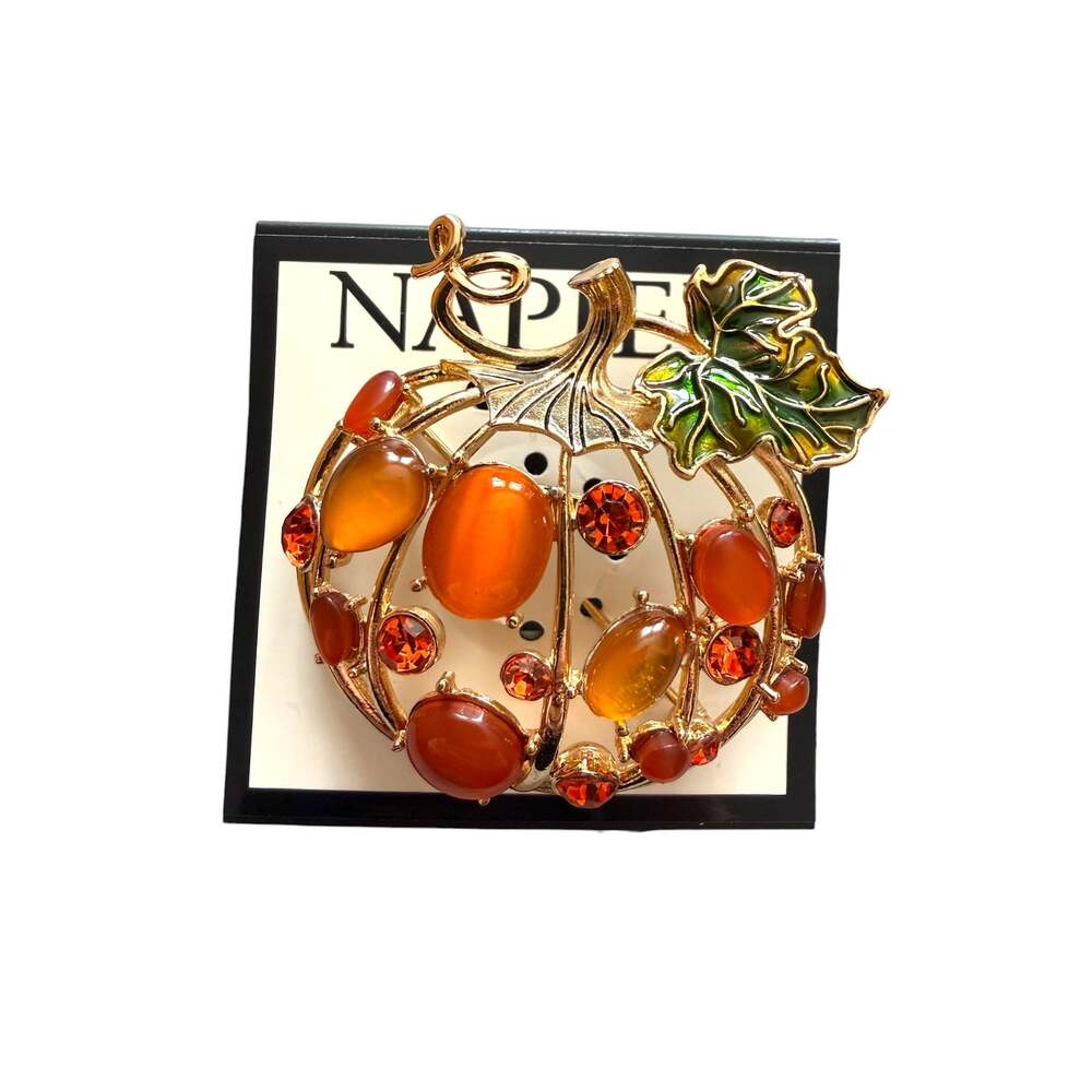 NAPIER Pumpkin Brooch Fall Halloween Rhinestone Amber New in Box Gold Orange